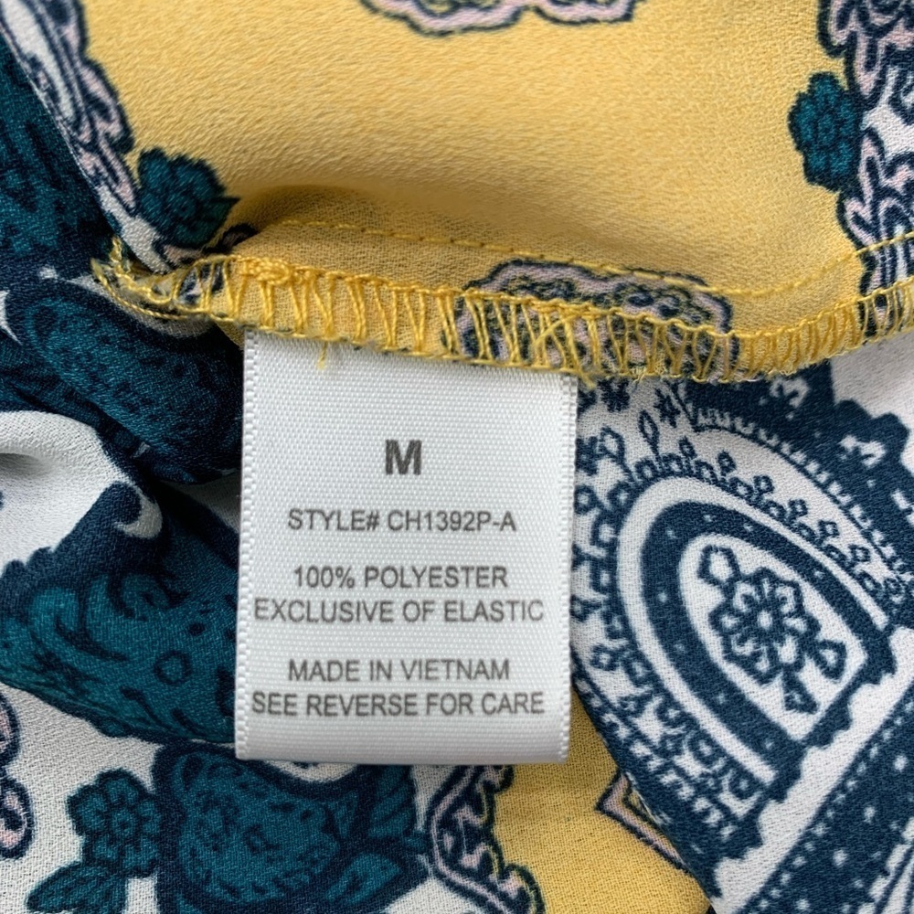 Charmed by Eve Blouse‎ Smocked High Neck Flutter Sleeve Blue Yellow Print Size M - Picture 8 of 10